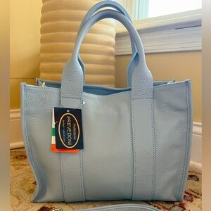 Handcrafted Handbag - Light Blue Leather Tote Bag with Detachable Strap